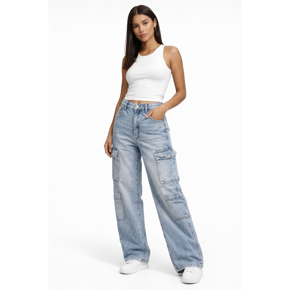 COTTON ON Cargo Wide Leg Jeans‎ Size US 4 Light Wash Coastal Denim